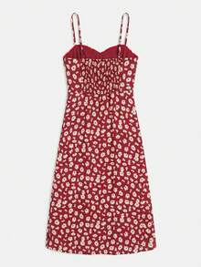 lacRébo Dark Red Floral Sleeveless Midi Dress With Sweetheart Neckline, Smocked Back And Side Slit Summer Autumn Holiday Brunch Vacation French Romantic - Red - View 7