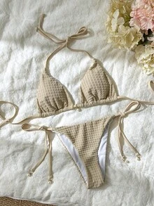 Sunnyshic 女款春夏提花面料掛脖珍珠吊墜比基尼套裝 - 卡其色 - 查看 4