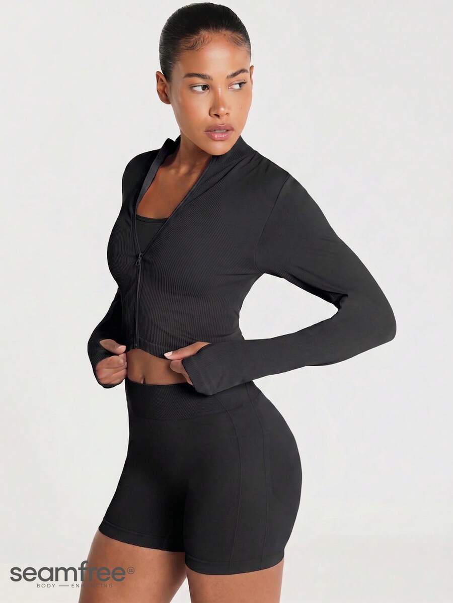 11SKNDS Jaket Crop Bergaris dengan Resleting Penuh, Kerah Tinggi, Lengan Panjang, Manset Lubang Jempol, Kain Elastis yang Pas di Badan, Ideal untuk Lapisan Kasual Aktif Sepanjang Musim - Hitam - View 1