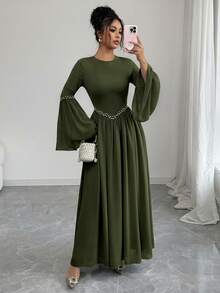 Elenzga 優雅浪漫女款人造珍珠裝飾喇叭袖婚禮賓客禮服 - 軍綠色 - 查看 5