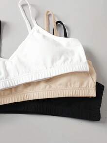 SHEIN 兒童青少年女孩簡約舒適純色V領加墊露背內衣3件組 - 卡其色 - 查看 5