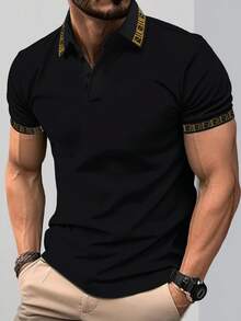 Manfinity Homme Men's Plus Size Polo Shirt With Geometric Pattern, Suitable For Dating, Vacation, Party, Beach, Daily Wear, Gathering, Outdoor Activities, Commuting, Street Style - Black - View 1