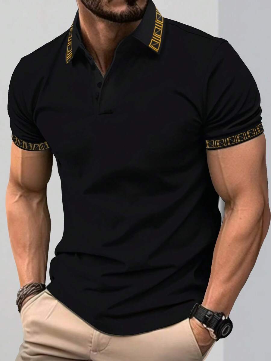 Manfinity Homme Men's Plus Size Polo Shirt With Geometric Pattern, Suitable For Dating, Vacation, Party, Beach, Daily Wear, Gathering, Outdoor Activities, Commuting, Street Style - Black - View 1
