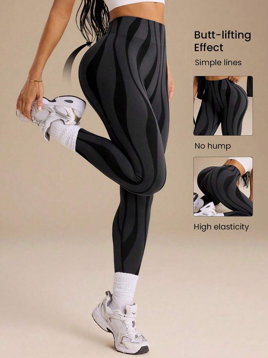 SHEIN Sports 女款黑色斑馬紋戶外健身瑜珈跑步運動緊身褲 - 黑色 - 查看 1