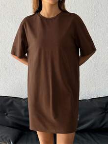 SHEIN EZwear 女款休閒寬鬆深棕色圓領短袖短洋裝，適合夏季 - 棕色 - 查看 5