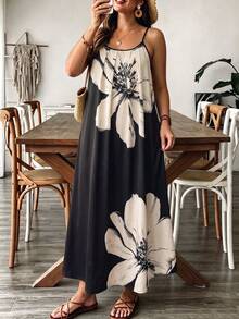 SHEIN VCAY Plus Size Women Summer Casual Elegant Floral Print Sleeveless Dress Evening Formal Vacation Black - Black - View 4