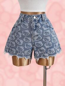 HELLO KITTY AND FRIENDS | SHEIN Women's All-Over Print Button Pocket Frayed Hem Casual Versatile Daily Wear Denim Shorts - Blue - View 1