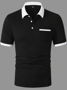Manfinity CasualCool 男士對比色休閒通勤短袖 Polo 衫 - 黑與白 - 查看 5