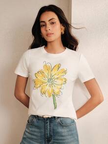 Anewsta Floral Print Casual Romantic Round Neck Short Sleeve T-Shirt Everyday White Summer - White - View 7