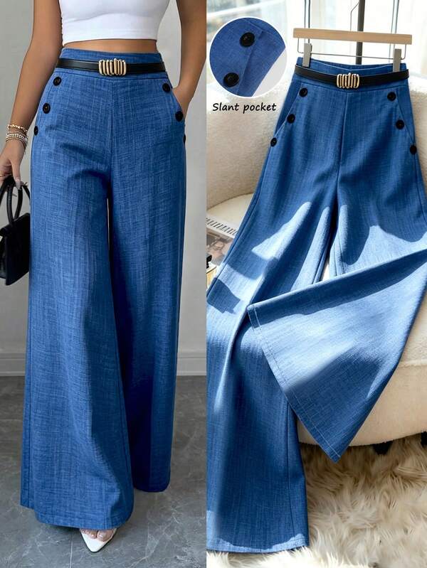 Elenzga Pantalones de lino a rayas azules y blancas de estilo coreano elegante y minimalista para mujer, primavera/verano, de cintura alta, efecto adelgazante, pierna recta, holgados y casuales