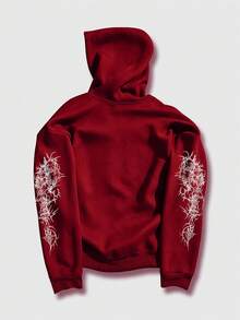 ROMWE MEN Goth 男士天使圖案印花拉鍊連帽長袖衛衣 - 紅色 - 查看 4