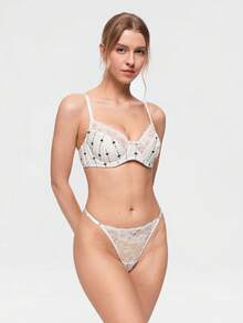 Bonmuse 1 Set Women's Lace Patchwork Heart Print Sexy Romantic Underwire Bra Set - White - View 5