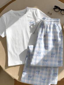 Attitoon 2pcs Set Embroidered Round Neck Short Sleeve Top And Striped Print Pants, Casual - Baby Blue - View 7
