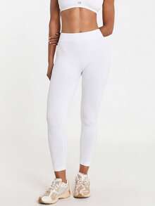 11SKNDS Leggings de punto acanalado sin costuras de cintura alta con ajuste de compresión que realza la figura para yoga, correr y ropa deportiva, largo 7/8 - Blanco - Ver 4