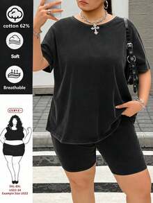 SHEIN CURVE+ 2件組休閒柔軟極簡深綠色圖案大尺碼女款短袖T恤與短褲套裝，適合夏季戶外居家健身穿著 - 黑色 - 查看 6