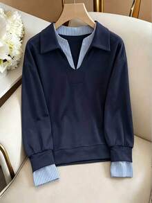 Qadelle Navy Blue 2 In 1 Waffle Knit Sweatshirt With Striped Patchwork, Collared V-Neck, Korean Slouchy Loose Long Sleeve Pullover - Multicolor - View 3