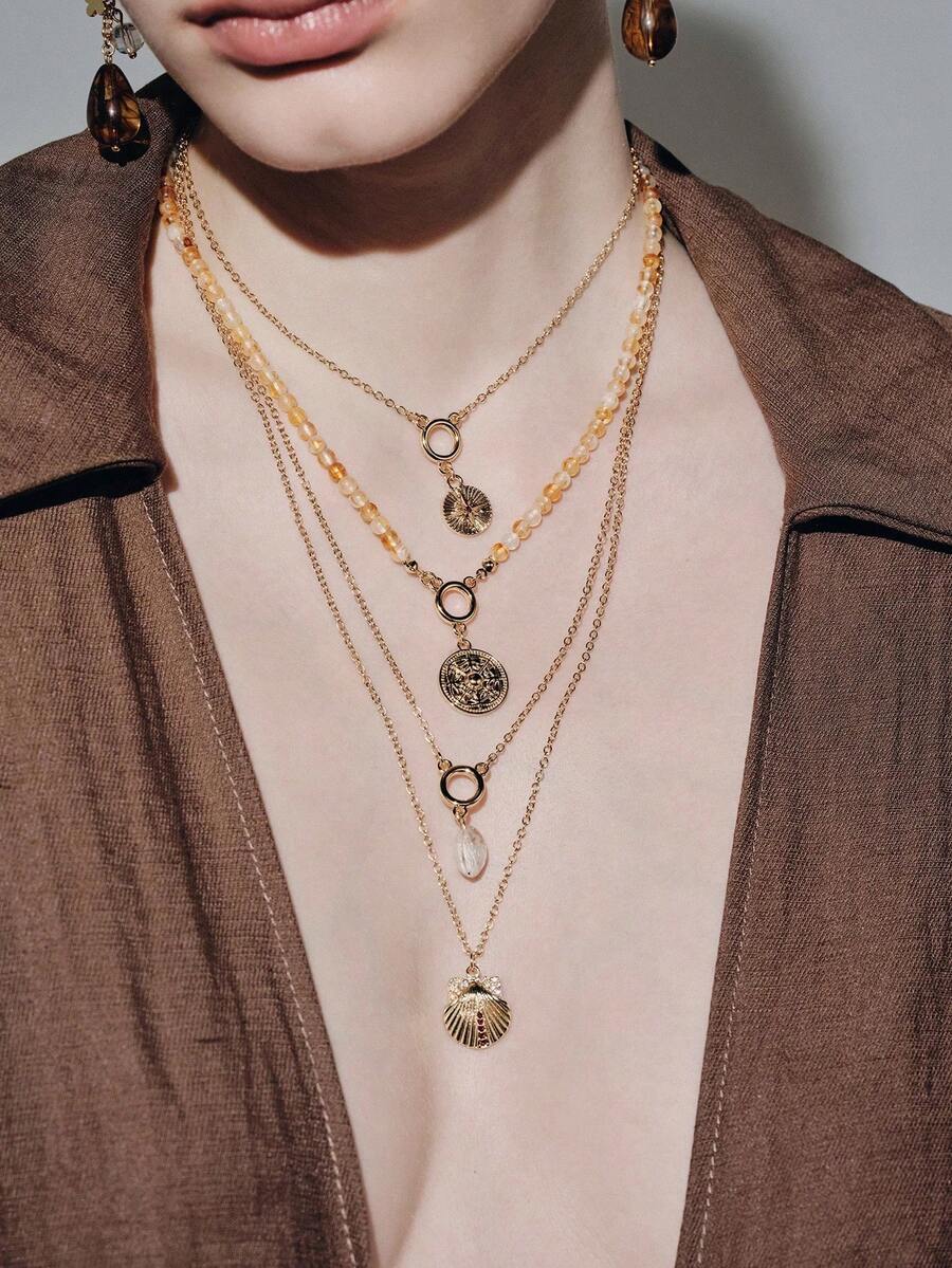 Noxbound Bohemian Beige Beaded Multi-Layer Chain Necklace, Niche Design Compass Shell Pendant Versatile Neck Chain - shell - View 1