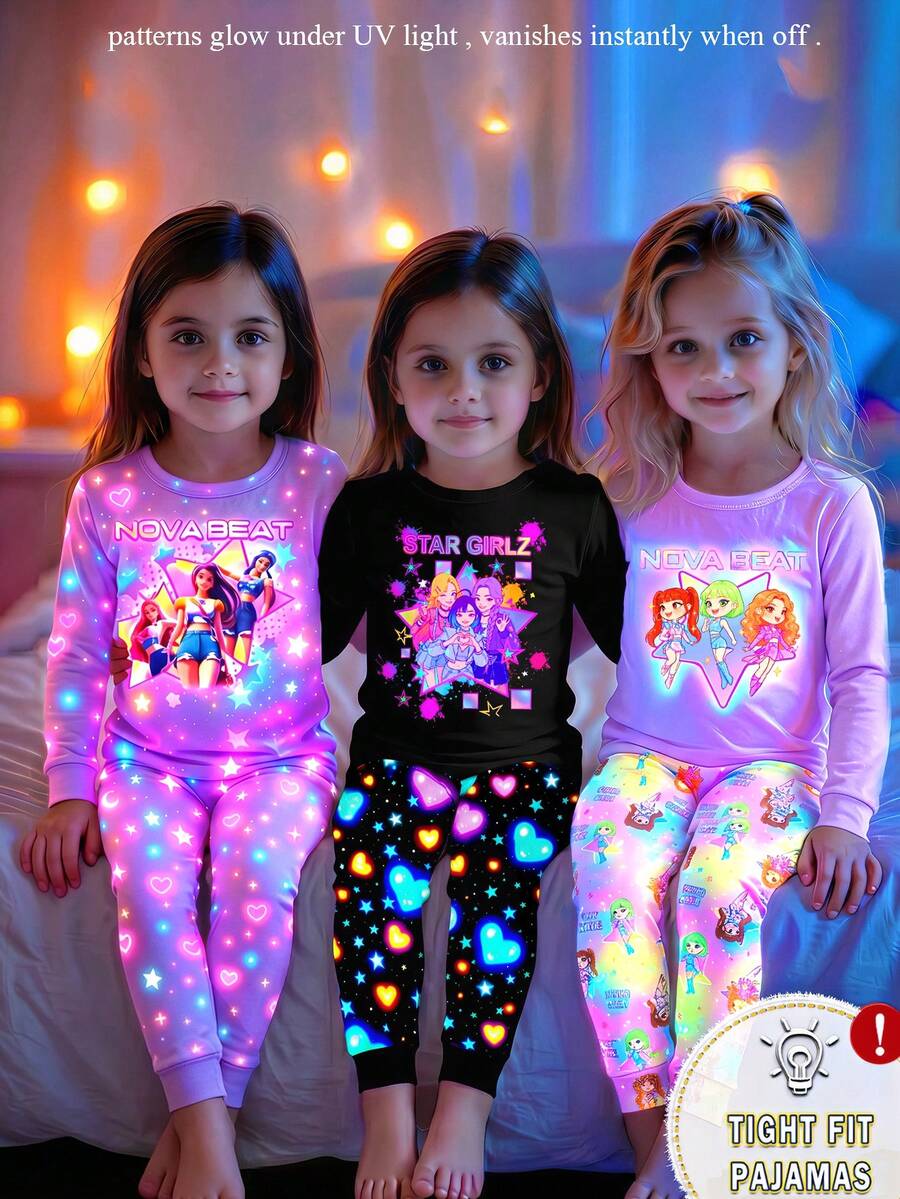 SHEIN 女童 UV 紫光感光發光卡通公主睡衣套裝,動漫女孩印花風,純黑色配霓虹螢光愛心圖案,針織彈性修身款,春秋圓領長袖褲子休閒兩件式居家服 - 彩色 - 查看 1