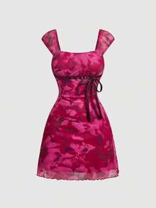 SHEIN MOD 蝴蝶結百褶網紗抽象花卉洋裝 - 彩色 - 查看 4