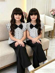 SHEIN Tween Girl Black Bow Flutter Sleeve T-Shirt Set, Vacation, Outdoor, Back To School, Fall - White - View 1