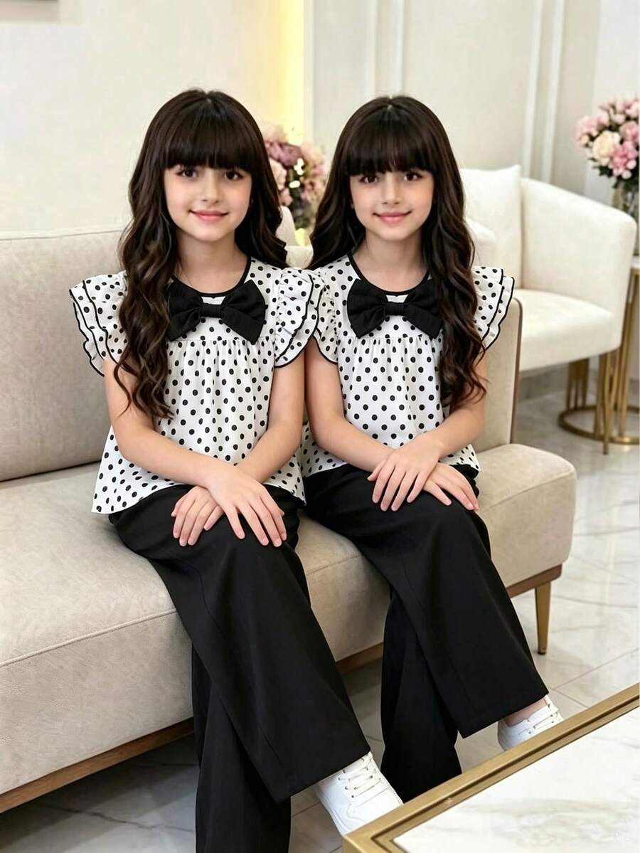 SHEIN Tween Girl Black Bow Flutter Sleeve T-Shirt Set, Vacation, Outdoor, Back To School, Fall - White - View 1