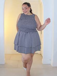 Pretty and Ole Rochie la modă minimalistă primăvară/vară, nouă, versatilă, cu guler rotund, carouri roșii, elegantă și delicată, cu talie mulată, fără mâneci, neagră - Negru - Vizualizare 4