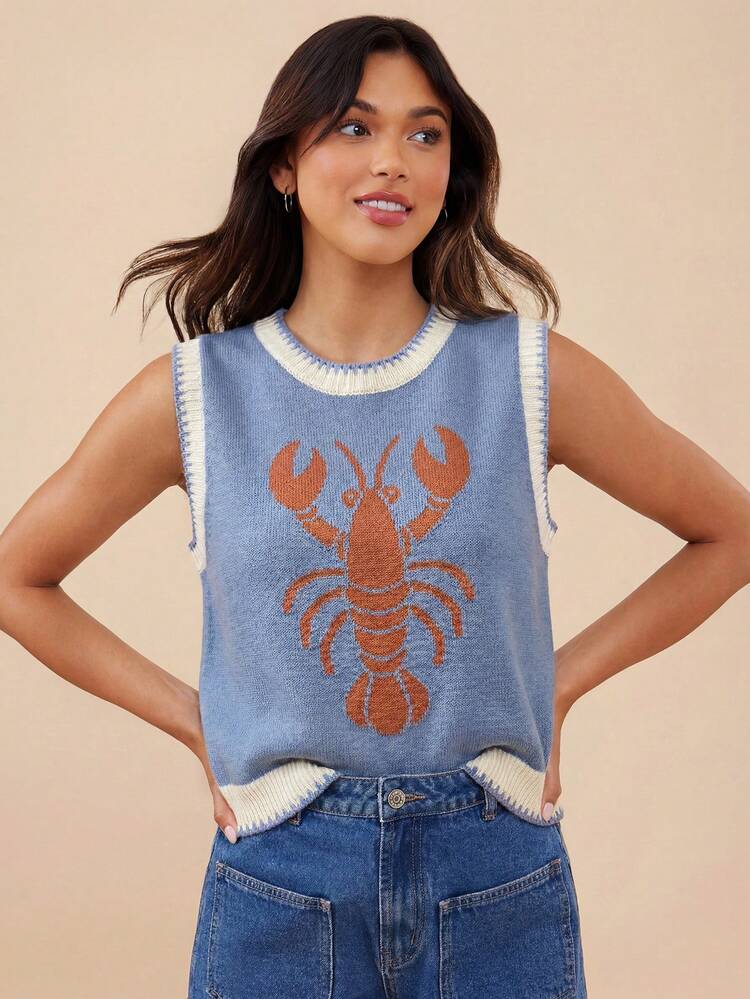 WESTFADE Round Neck Multi Stitch Lobster Intarsia Sweater Vest