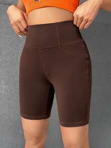 SHEIN PETITE CURVE Quần short biker cỡ lớn với họa tiết chữ thêu nổi bật. - Cà phê nâu - Xem 6