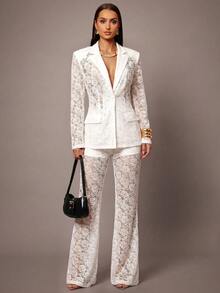 Silquee Elegant Solid Color Lace Blazer - White - View 3