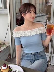 Bijouette 大尺碼圓點拼接露肩休閒百搭日常出遊T恤 - 藍色 - 查看 2