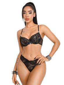 AltBold Sexy Floral Lace With Rhinestone Bow Sheer Underwire Push-Up Lingerie Set 2pcs - Black - View 5