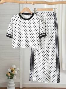 SHEIN 青少年女孩 T-Shirt 與長褲 2 件套，寬鬆休閒極簡針織開學穿搭，復古圓點女孩套裝，白色上衣寬腿褲 - 彩色 - 查看 4