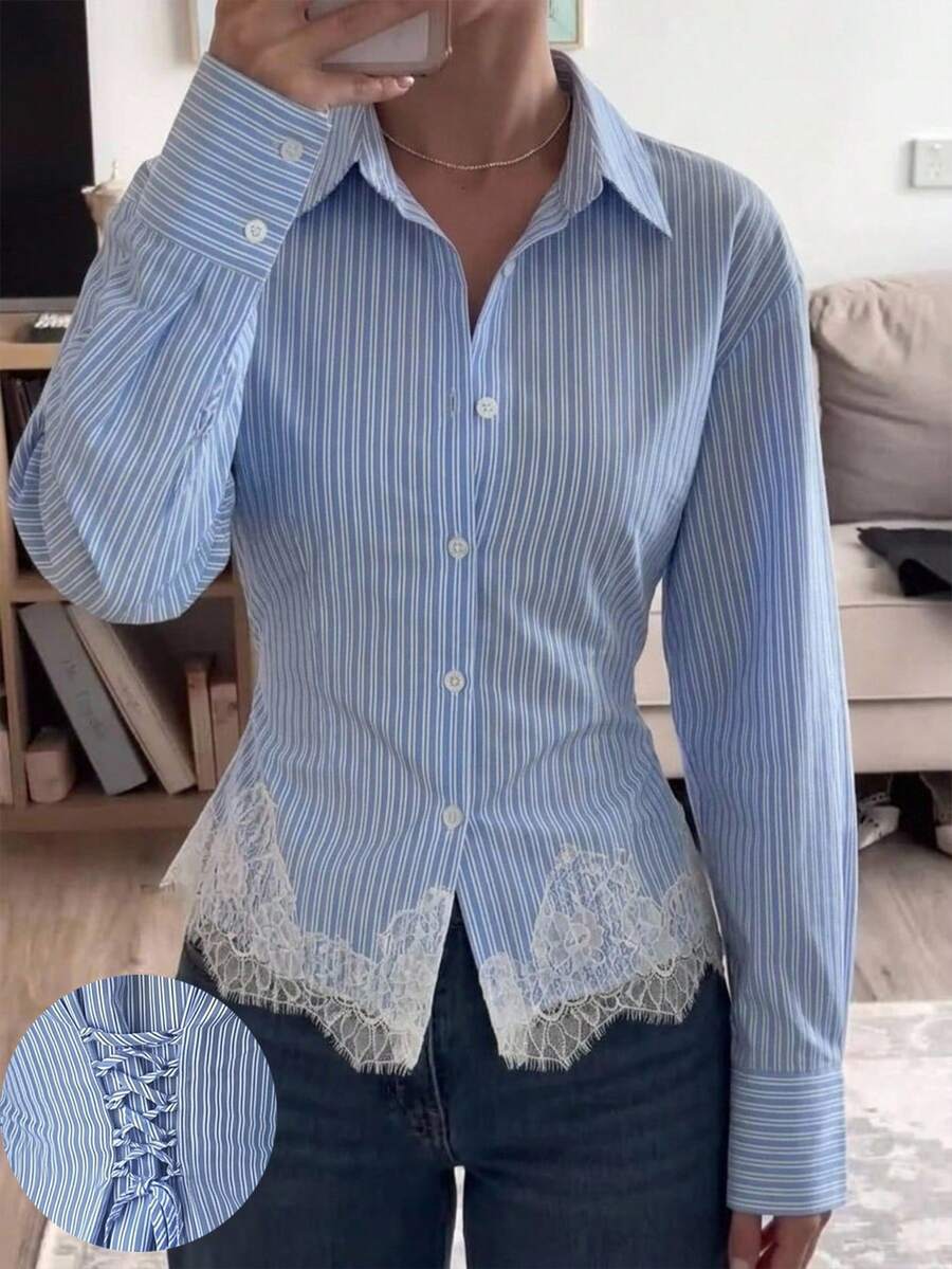 Firerie 女款藍白條紋長袖襯衫,後背抽褶設計,日常通勤襯衫,度假襯衫,收腰條紋襯衫,春夏秋冬通勤服飾,優雅,度假,波希米亞風,工作服 - 藍色 - 查看 1