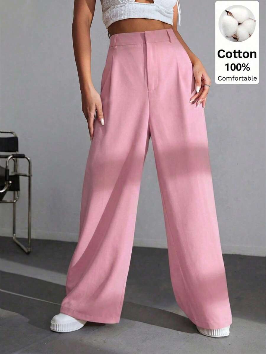 SHEIN EZwear 休閒百搭 100% 純棉粉色高腰寬腿褲,適合校園穿搭、全方位休閒穿著、派對與音樂節穿著、畢業季、開學季、度假季、都市上班穿著 - 粉色 - 查看 1