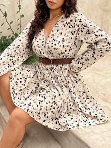 SHEIN Frenchy Plus Size Dress, Plus Size Waist-Cinching Dress, Small A-Line Dress, Ditsy Floral Dress, V-Neck Long Sleeve Mini Dress Fall/Winter Vacation Dress - Apricot - View 10