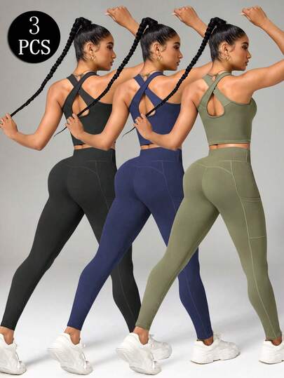 SHEIN Velisys Women's Solid Color Cropped Tank Top And Fitted Leggings 3-Piece Sports Set