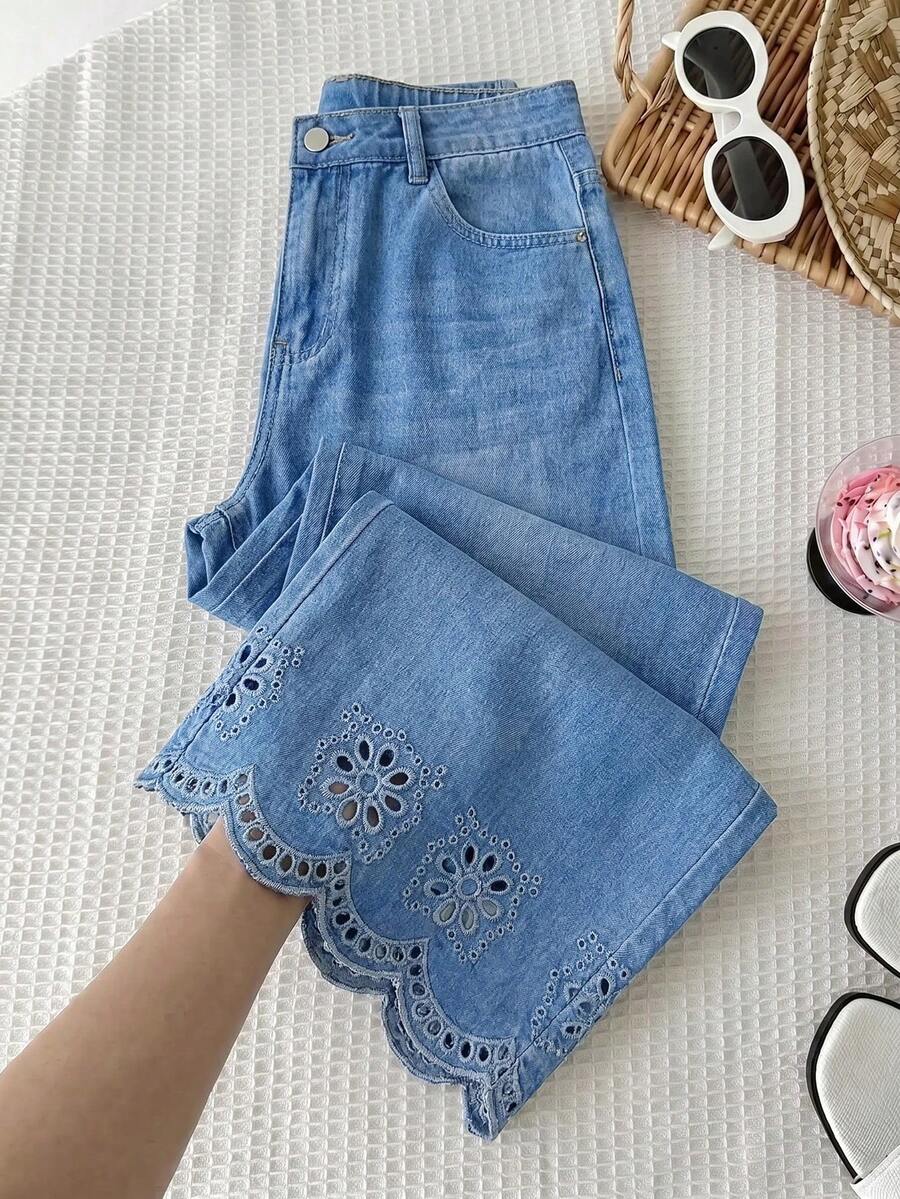 SHEIN 女童藍色牛仔寬鬆長褲,鏤空刺繡圖案 - 藍色 - 查看 1