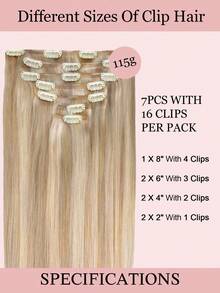 7 PIEZAS Extensiones de cabello con clip recto 100% cabello humano real de 14-24 pulgadas 115G Doble trama Extensiones de cabello con clip invisibles Cabello humano Remy natural para uso diario de mujeres y niñas - S18A/613A - Ver 3
