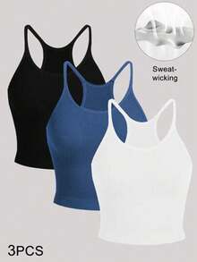 SHEIN 女款素色休閒百搭日常穿著運動細肩帶背心 3件/組 - 彩色 - 查看 1