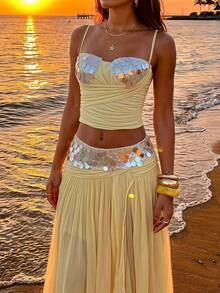 Opulessa Women's Sequin Pattern Pleated Casual Sequin Sexy Versatile Daily Wear Skirt Beach Silver Summer - Yellow - View 1