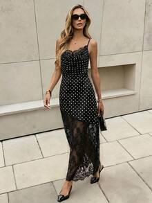 SHEIN Women's Summer Elegant Sexy Party Date Night Night Out Dress Lace Smooth Satin Asymmetrical Long Patchwork Backless Black And White Polka Dot - Black - View 6
