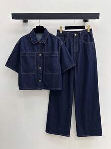 2 Potong Baju Kemeja Lengan Pendek Longgar Denim Biru Tua dan Celana Jeans Longgar dan Nyaman untuk Remaja Perempuan - Biru - View 1