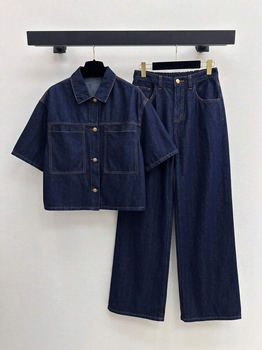 2 Potong Baju Kemeja Lengan Pendek Longgar Denim Biru Tua dan Celana Jeans Longgar dan Nyaman untuk Remaja Perempuan - Biru - View 1