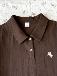 Teen Girl Brown Polo Collar Embroidered Pattern Ruffle Hem Casual Dress, School Uniform Style, Suitable For School, Outdoor Activities, Shopping, Daily Wear KIDS - Brown - View 7