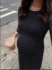MaterniWear 孕婦法式波點印花洋裝 度假派對 哺乳 正式拍照 性別揭曉 秋季 黑色 1920年代復古優雅休閒 - 黑色 - 查看 3