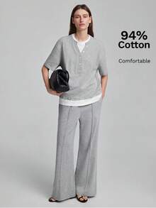 Ontre Camiseta para mujer de color gris y blanco con paleta de colores de baja saturación, tela cómoda, diseño 2 en 1 de ajuste holgado, hombros caídos, manga corta, diseño de patchwork en el dobladillo, versátil para todas las estaciones, moda urbana moderna, estilo casual de negocios, ropa de oficina, estilo discreto de dinero antiguo, elegante, de alta gama, para ir y venir, de alta calidad, atuendo de aeropuerto, estilo bohemio, ropa de vacaciones, diseño de tema minimalista neutro - Gris - Ver 4