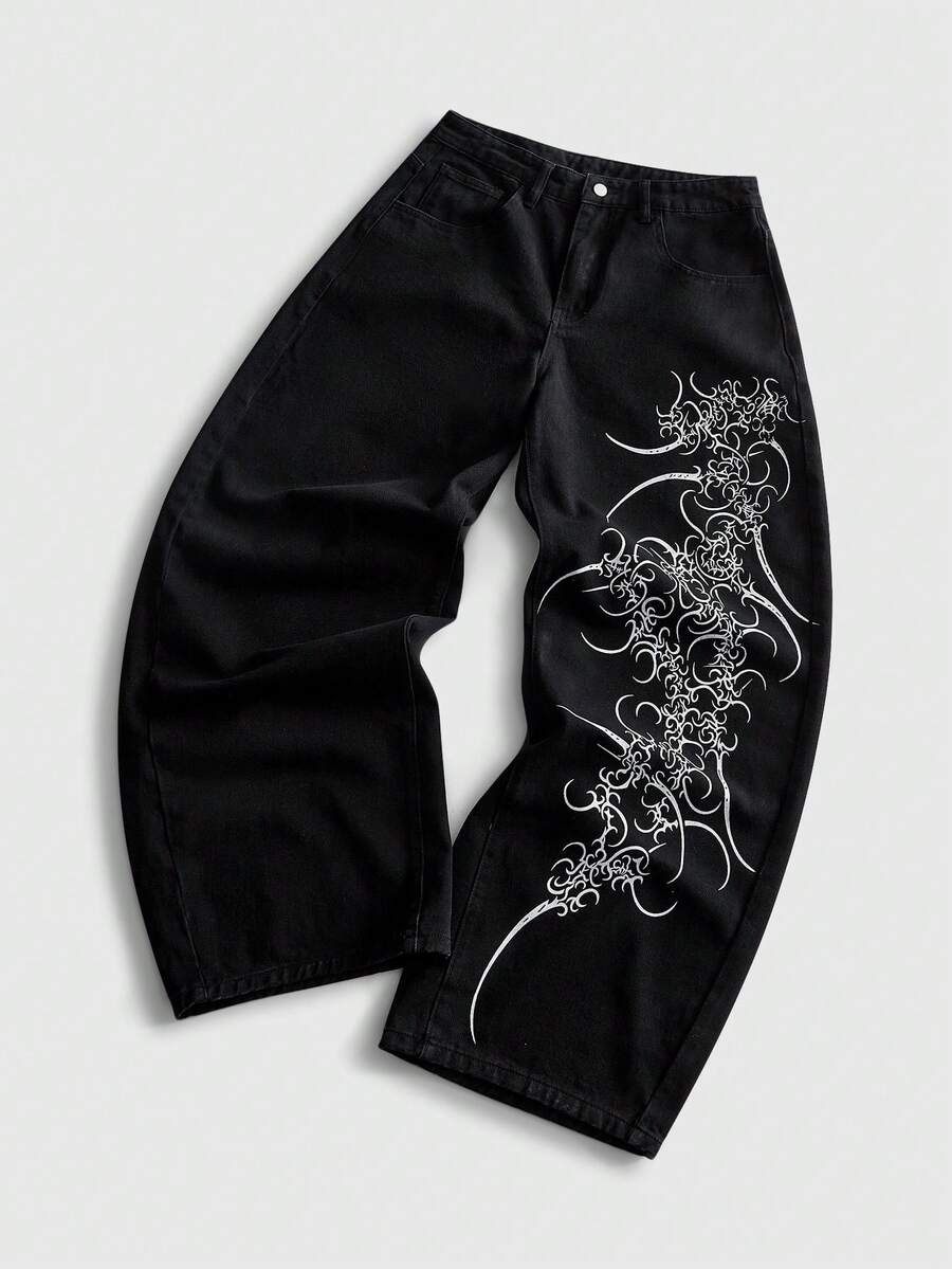 ROMWE MEN Jeans de corte holgado con estampado para hombre - Negro - Ver 1