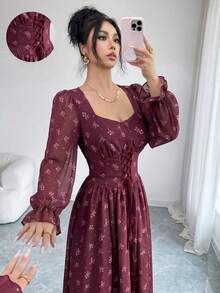 Modelyn 法式设计甜心领系带灯笼袖中长连衣裙（女款） - 酒紅色 - 查看 7