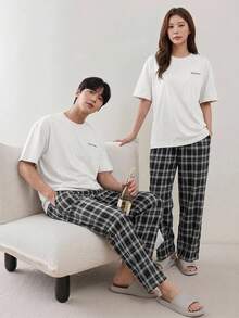 DAZY 夏季字母印花T恤和格子裤男士家居服套装睡衣 - 白色 - 查看 7