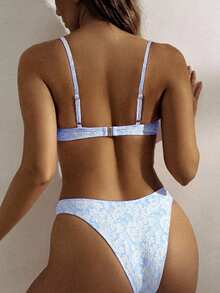 Swim Mod 女款2件組海灘夏季套裝，新品細肩帶比基尼套裝，附荷葉邊、蝴蝶結裝飾、刺繡花卉印花，高腰泳裝褲，性感海灘度假泳衣 - 藍色 - 查看 2